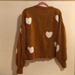 Madewell sweater in mustard with white hearts and balloon sleeves
